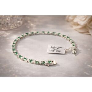 Emerald & CZ Sterling Silver Tennis Bracelet 7” – Elegant Green Gemstone Jewelry